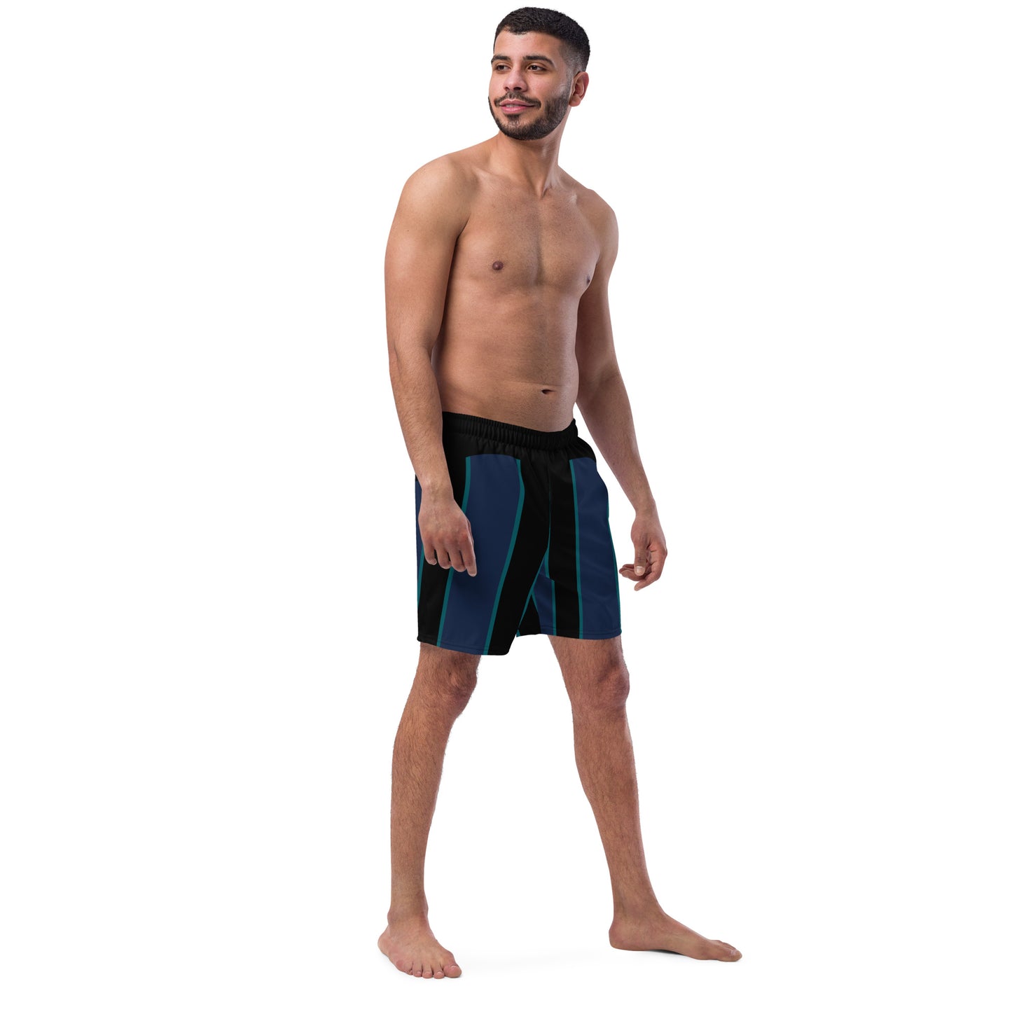 "Midnight Stripes" Swimsuit - Elegant Boardshorts with Teal and Blue Vertical Stripes - Minimal and Sporty Design. - FelinDesign