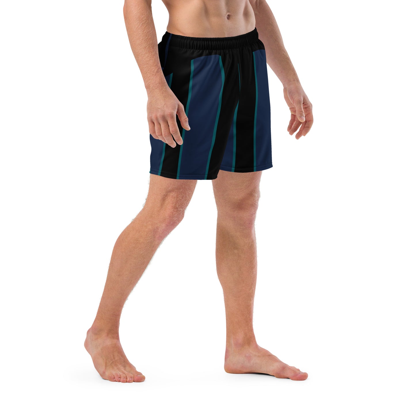 "Midnight Stripes" Swimsuit - Elegant Boardshorts with Teal and Blue Vertical Stripes - Minimal and Sporty Design. - FelinDesign