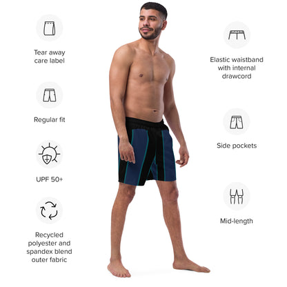 "Midnight Stripes" Swimsuit - Elegant Boardshorts with Teal and Blue Vertical Stripes - Minimal and Sporty Design. - FelinDesign