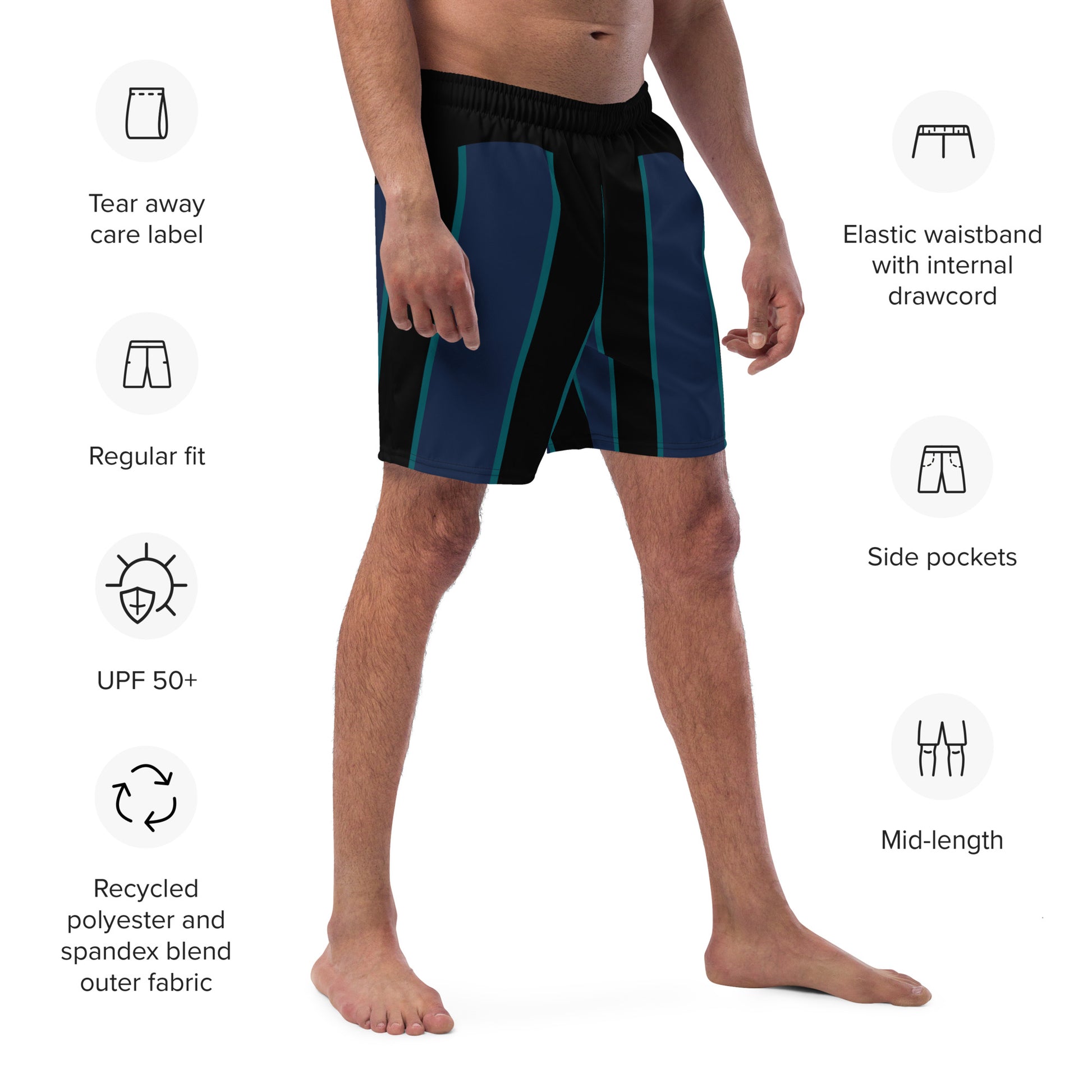 "Midnight Stripes" Swimsuit - Elegant Boardshorts with Teal and Blue Vertical Stripes - Minimal and Sporty Design. - FelinDesign