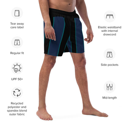 "Midnight Stripes" Swimsuit - Elegant Boardshorts with Teal and Blue Vertical Stripes - Minimal and Sporty Design. - FelinDesign
