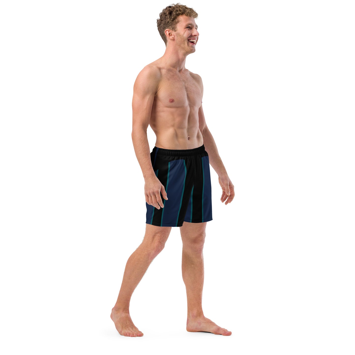 "Midnight Stripes" Swimsuit - Elegant Boardshorts with Teal and Blue Vertical Stripes - Minimal and Sporty Design. - FelinDesign