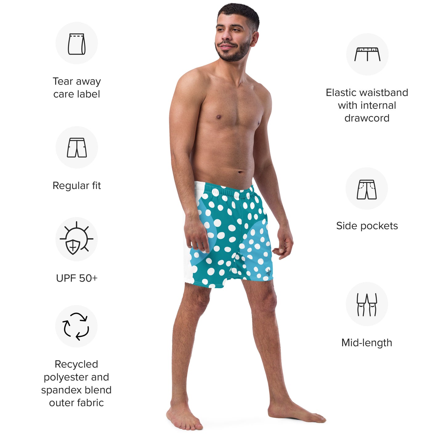 Recycled Swim Trunks "Aqua Dots"Turquoise with white dots FelinDesign - FelinDesign