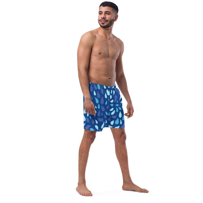 Men's Navy and Cyan "Raindrop" Print Swim Shorts – Tailored Mid-Short Swimsuit with Retro-Modern Graphic Print - FelinDesign