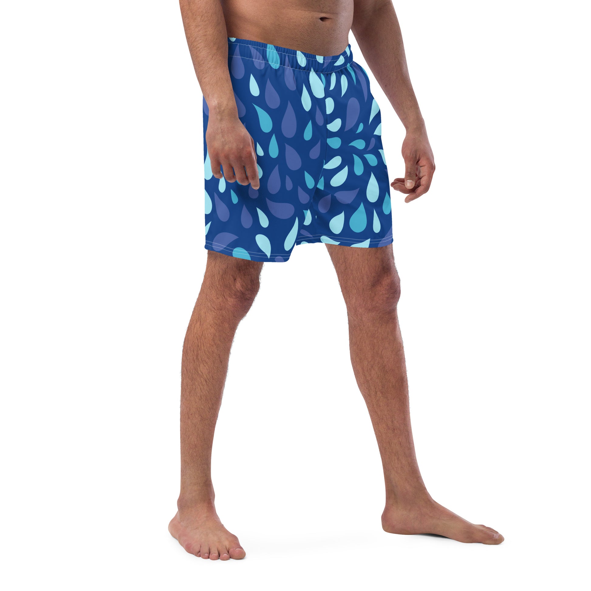 Men's Navy and Cyan "Raindrop" Print Swim Shorts – Tailored Mid-Short Swimsuit with Retro-Modern Graphic Print - FelinDesign
