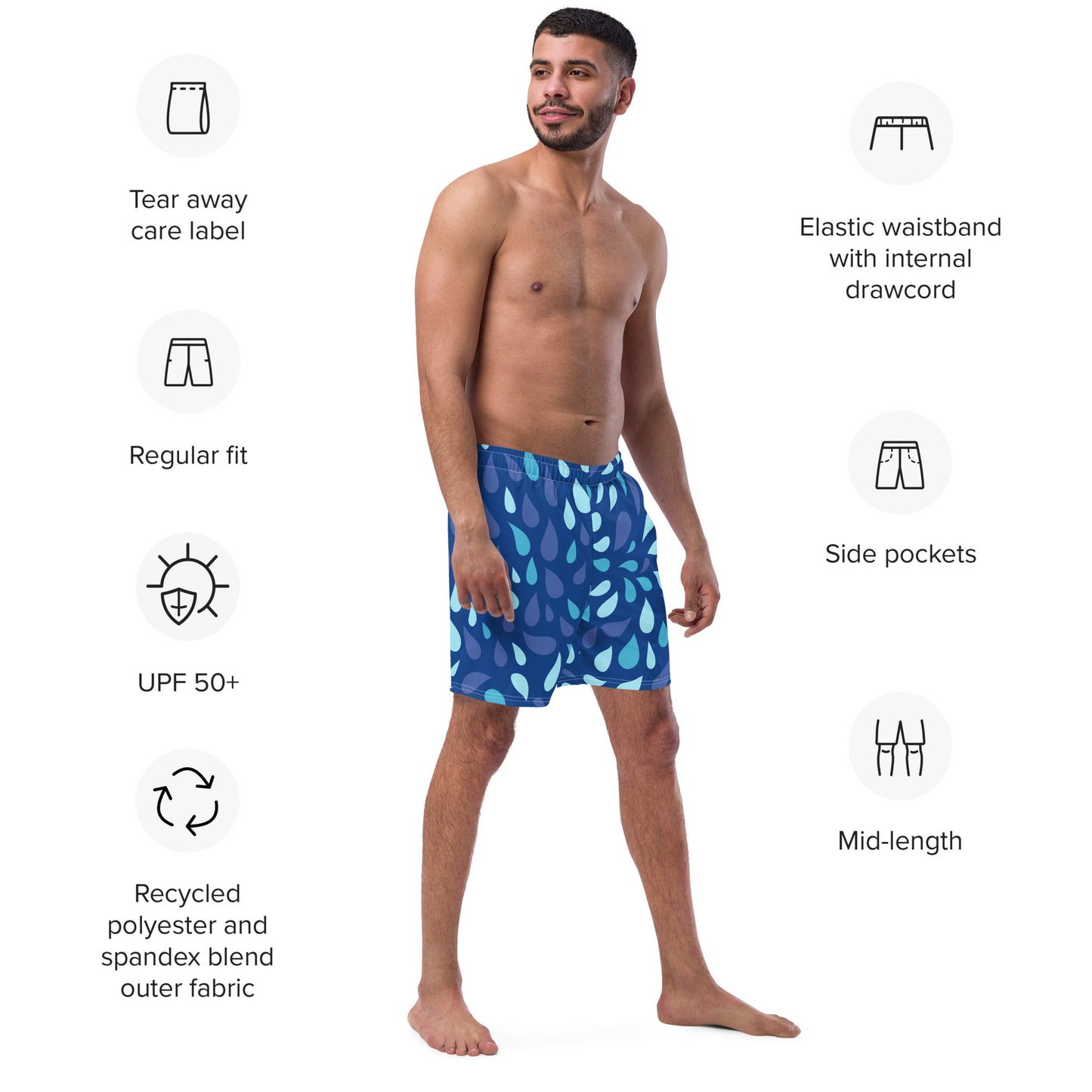 Men's Navy and Cyan "Raindrop" Print Swim Shorts – Tailored Mid-Short Swimsuit with Retro-Modern Graphic Print - FelinDesign