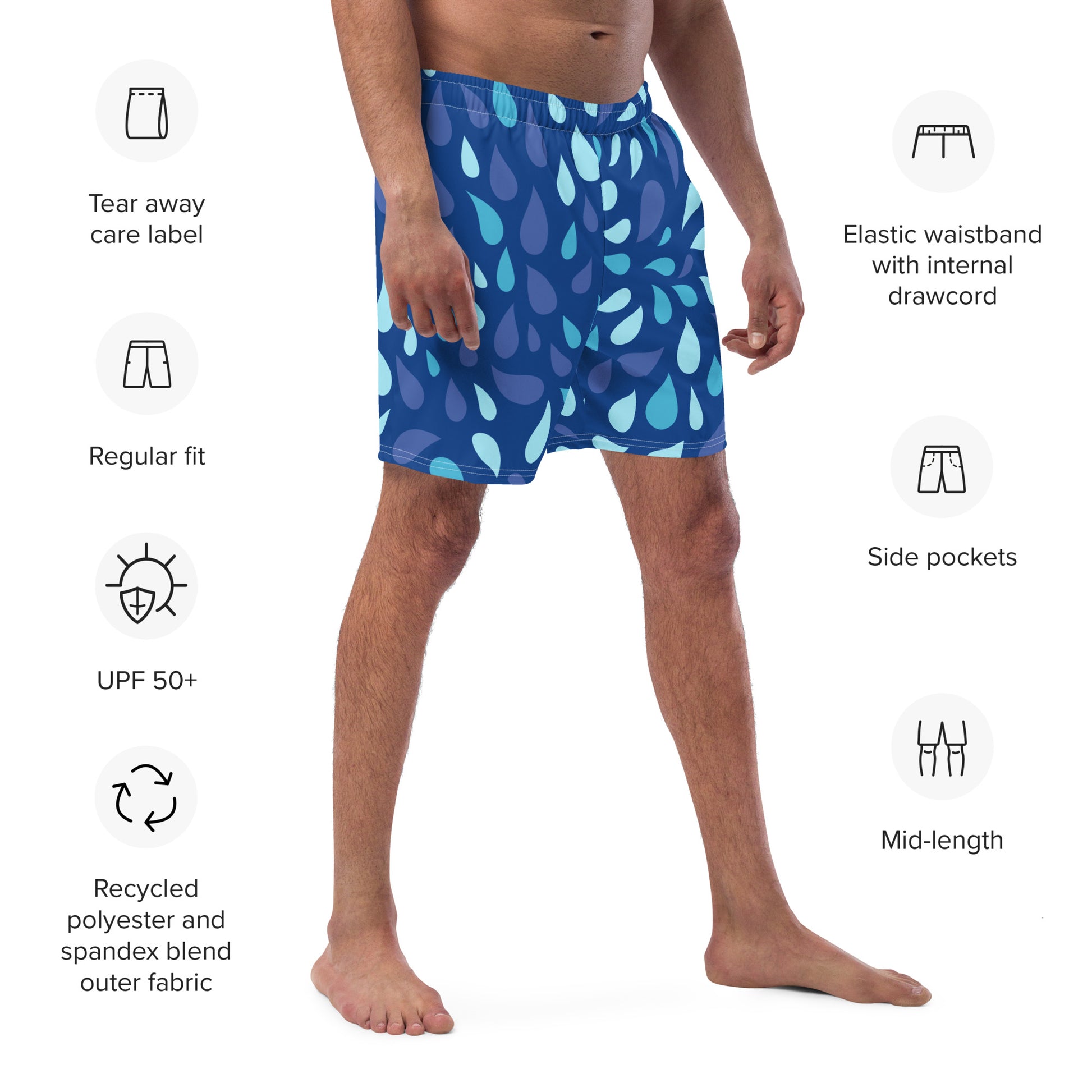 Men's Navy and Cyan "Raindrop" Print Swim Shorts – Tailored Mid-Short Swimsuit with Retro-Modern Graphic Print - FelinDesign