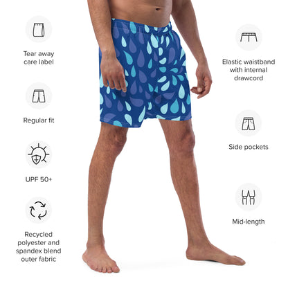 Men's Navy and Cyan "Raindrop" Print Swim Shorts – Tailored Mid-Short Swimsuit with Retro-Modern Graphic Print - FelinDesign