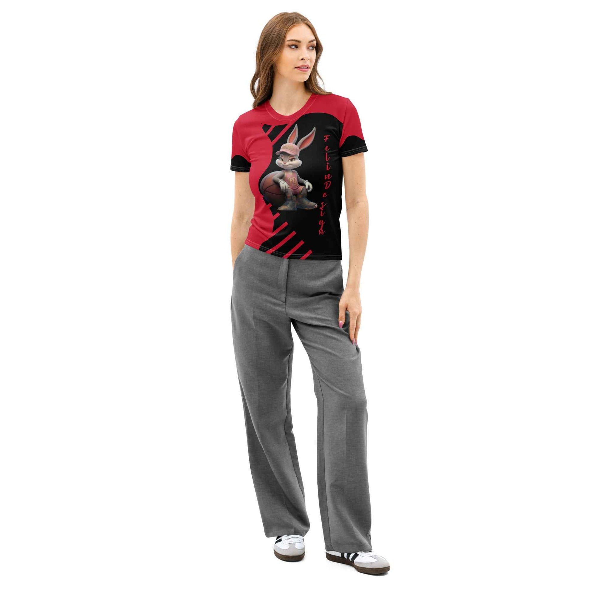 Women's Cotton Crew Neck T-Shirt - Premium Stretch Short Sleeve Tee Red FelinDesign